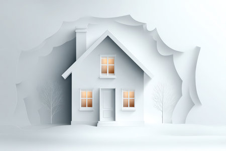Artistic representation of a minimalist house in soft white paper cut style with warm glowing windows. A serene and unique design element that inspires tranquility.の素材