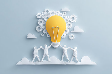 Creative representation of teamwork and innovation featuring paper cutout figures pulling a bright light bulb. Ideal for concepts on collaboration and ideas.の素材