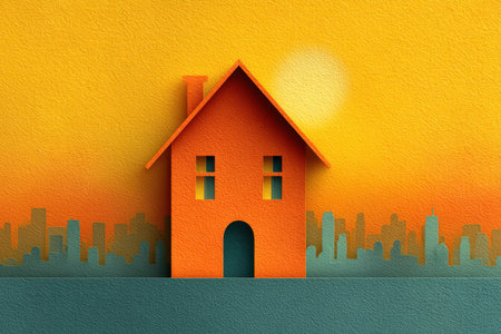 This vibrant illustration features an orange house silhouette set against a city skyline at sunset, creating a warm and inviting atmosphere perfect for home and lifestyle concepts.の素材