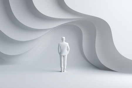 A solitary white figure stands against an abstract, flowing paper backdrop, embodying modern design and minimalist aesthetics. This image evokes creativity and contemplation.の素材