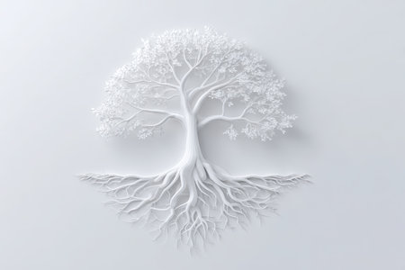 This elegant white tree design features intricate roots and leaves, providing a tranquil and serene atmosphere. Perfect for nature-inspired themes.の素材