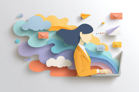 This vibrant illustration showcases a woman working on a laptop surrounded by colorful clouds and floating elements, symbolizing creativity and communication in a modern workspace.の素材