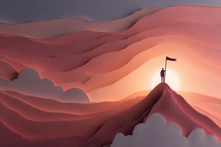 Captivating paper cut art depicting a mountain peak with a flag at sunset. This creative design evokes feelings of achievement and exploration.の素材