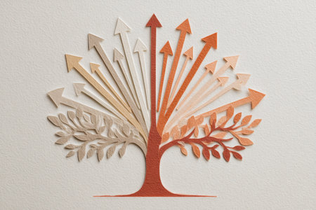 This artistic representation features a handcrafted paper tree with arrows, symbolizing growth and direction in warm gradient colors. Perfect for creative projects.の素材