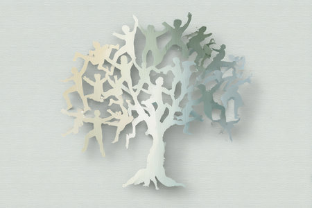 This artistic image portrays a tree intertwined with silhouetted figures, symbolizing growth, connection, and community. A vibrant representation of joy and unity.の素材
