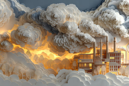 A stunning paper cut art piece depicting a factory surrounded by fluffy clouds and trees. This whimsical creation blends industrial and natural elements, showcasing unique craftsmanship.の素材