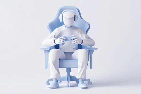 A minimalist representation of a gamer seated in a blue ergonomic chair, focused on playing video games with a controller and headphones, showcasing modern leisure.の素材