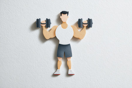 This unique artwork features a paper cutout of a muscular man lifting dumbbells, showcasing strength and fitness in a creative minimalist style.の素材