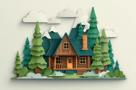 Charming wooden cabin nestled among lush green trees and mountains in a unique paper art style, evoking a sense of tranquility and adventure in nature.の素材