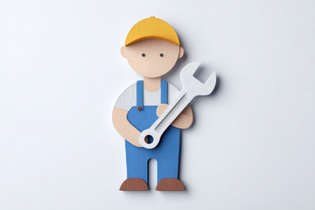 A cheerful cartoon character in blue overalls and a yellow cap holds a wrench. This playful design represents the handyman profession, perfect for DIY or repair themes.の素材