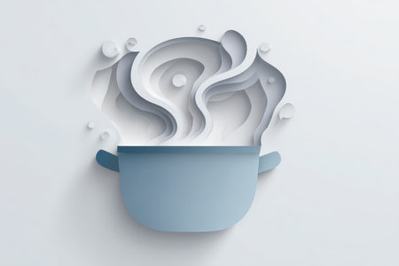This unique paper art representation features a cooking pot releasing steam, showcasing a blend of creativity and minimalism in kitchen design.の素材