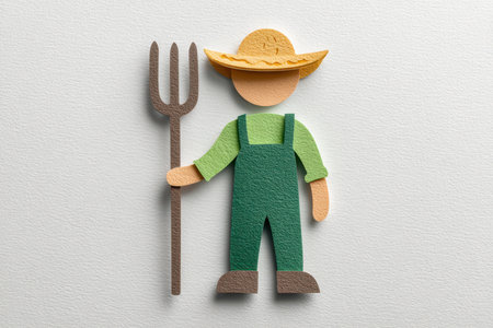 This playful cartoon farmer character features a straw hat and pitchfork, perfect for educational materials or children's books about agriculture and nature.の素材