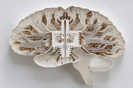 This image features an artistic representation of a brain designed with circuit patterns, symbolizing the fusion of technology and human intelligence.の素材