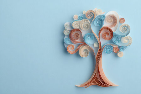Charming quilling art features a colorful tree with vibrant swirls on a soft blue background. Perfect for decor, art projects, or creative inspiration.の素材