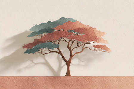 This artistic illustration showcases a colorful tree with vibrant foliage against a minimalist background, creating a serene and tranquil atmosphere perfect for modern decor.の素材