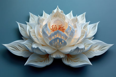 This stunning paper art sculpture features a delicate white lotus flower, showcasing intricate detailing and a warm inner glow, perfect for adding elegance to any decor.の素材