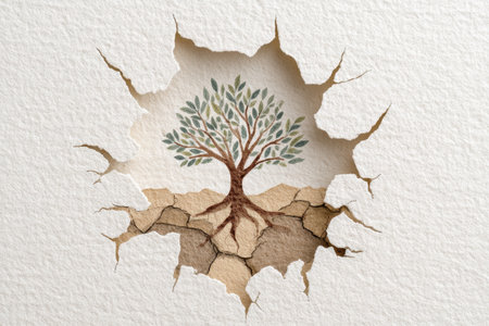 This image showcases a tree with vibrant leaves growing through cracked paper, symbolizing resilience and hope in nature. Ideal for creative projects.の素材