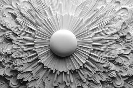 Explore a stunning 3D wall design featuring an intricate floral motif and a central sphere. This modern piece enhances any space with artistic flair and elegant simplicity.の素材