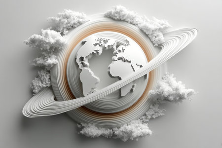Stunning abstract 3D artwork featuring Earth surrounded by rings and clouds, emphasizing a modern and artistic design. Perfect for creative projects.の素材