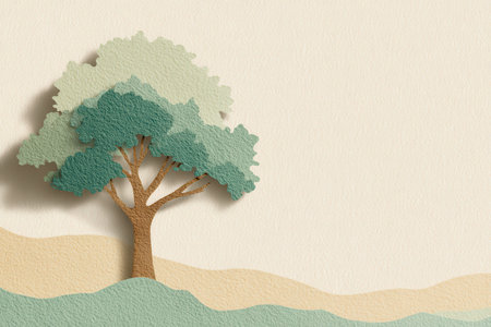 A charming paper cutout of a tree featuring layered textures and soft colors on a minimalist background. Ideal for nature-themed projects and designs.の素材