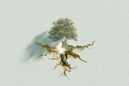 A serene illustration featuring a tree with intricate roots emerging from a textured backdrop, symbolizing nature and growth in a calm aesthetic.の素材