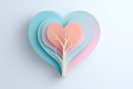 This captivating abstract design features a heart shape with layered colors and a delicate tree, symbolizing growth and love in a modern context.の素材