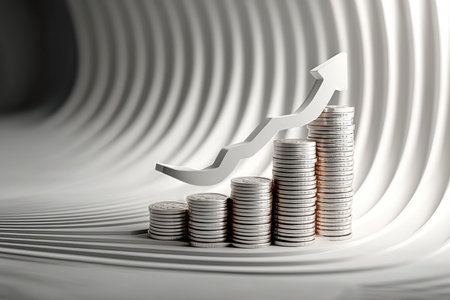 A striking visual representation of financial growth, featuring a stack of coins and an upward arrow. Ideal for illustrating success in investment and business strategy.の素材