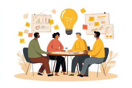 A diverse team engages in a collaborative meeting filled with ideas and creativity. They brainstorm strategies with charts, notes, and visual aids in an office.の素材