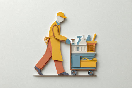 This creative illustration features a worker in action, pushing a cart filled with various cleaning supplies. The modern design emphasizes the importance of daily tasks in a vibrant way.の素材