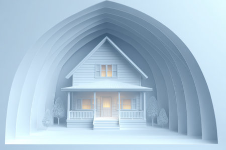 A minimalist white house surrounded by soft blue tones creates a serene ambiance. Gentle lighting accents the architecture, evoking warmth and comfort.の素材