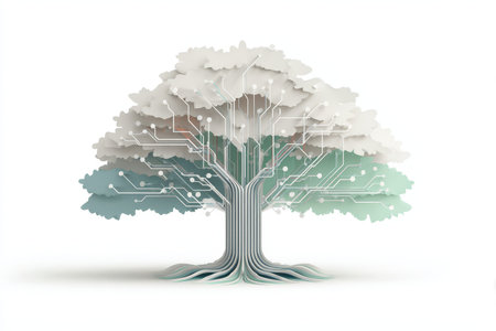 A visually striking digital tree with circuit patterns, representing the fusion of technology and nature. Ideal for eco-tech and innovation themes.の素材