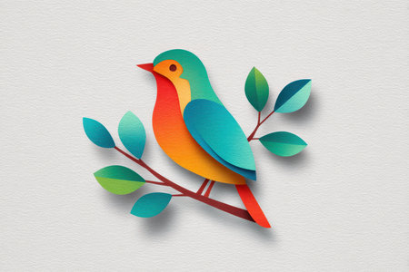 This vibrant paper cut illustration features a colorful bird perched on a branch with stylized leaves, perfect for playful and cheerful designs.の素材