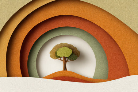 Charming paper cutout of a tree set against a backdrop of colorful layered circles, evoking a sense of tranquility and artistic beauty. Perfect for nature-themed projects.の素材
