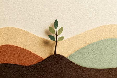 This artistic paper cutout style landscape features a small tree set against gentle, layered hills. The warm earthy tones and smooth textures create a serene and calming atmosphere, perfect for nature-themed projects.の素材