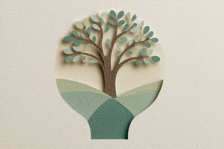 This artistic paper cutout features a stylized tree with detailed leaves and a serene landscape. The design embodies tranquility and creativity, perfect for eco-themed projects.の素材