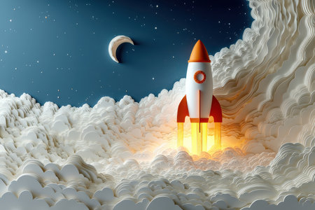 A vibrant and imaginative scene featuring a rocket launching through fluffy clouds under a starry night sky, with a crescent moon adding to the atmosphere of adventure and exploration.の素材
