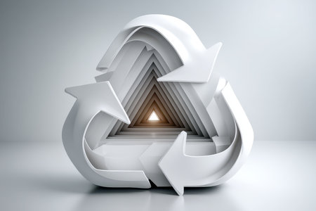 A striking 3D representation of recycling with a triangular shape and intertwining arrows, highlighted by a soft light in the center, symbolizing eco-consciousness and sustainability.の素材