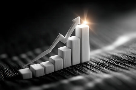 A striking 3D graph displays increasing business growth, featuring an arrow pointing upward, representing progress and success in finance and investments.の素材