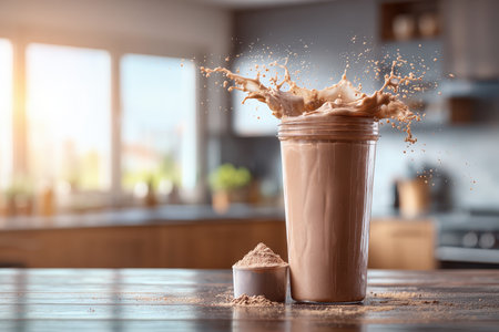 A dynamic shot of a chocolate protein shake splashing out of a shaker on a table in a bright kitchen, highlighting health, nutrition, and fitness.の素材