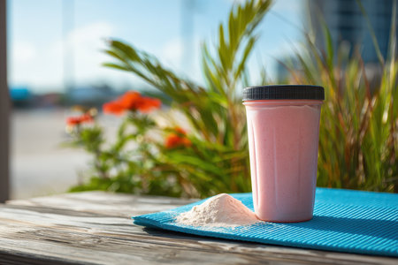 A vibrant pink smoothie in a plastic cup sits next to protein powder on a wooden table. Perfect for health enthusiasts seeking a refreshing drink in a sunny outdoor setting.の素材