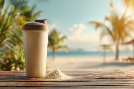 A vibrant protein shake sits on a wooden table with a tropical beach scene in the background. A perfect energizing drink for health enthusiasts.の素材
