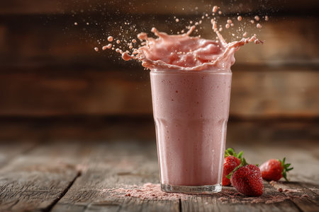 A vibrant strawberry smoothie splashes spectacularly from a glass, capturing a moment of freshness and indulgence. Perfect for summer drinks and healthy recipes.の素材