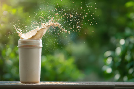 A dynamic image of a plastic cup filled with milkshake splashing creamy liquid against a vibrant green background, evoking freshness and excitement.の素材