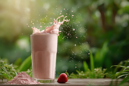 A tempting glass of strawberry smoothie splashes joyfully against a lush green backdrop, capturing the essence of freshness and vitality. Perfect for summer!の素材
