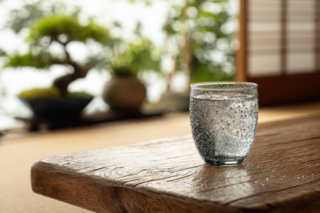 A clear glass of water with beads of condensation sits on a rustic wooden table, capturing a serene moment indoors amid lush greenery and soft light.の素材