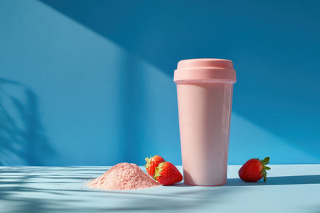 A vibrant pink cup filled with a creamy strawberry smoothie next to strawberry fruits and powder. Captivating colors and fresh ingredients convey health and refreshment.の素材