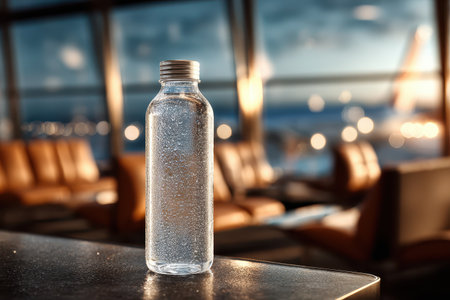 A clear water bottle sits on a table, with drops of condensation reflecting soft indoor light. The blurred background creates a relaxed atmosphere ideal for travel and leisure.の素材