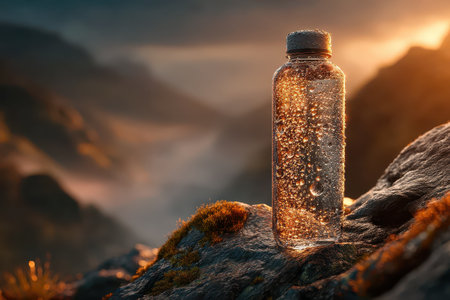 A stunning glass water bottle stands on a rock, adorned with glistening droplets. The warm glow of sunlight highlights the beauty of nature in the background, evoking feelings of adventure and refreshment.の素材
