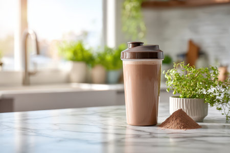 A chocolate protein shake sits in a clear shaker on a marble countertop. Light pours in from the windows, highlighting the fresh greenery, creating a healthy and inviting kitchen scene.の素材