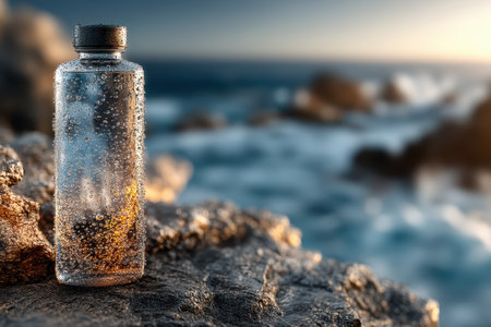 A clear water bottle adorned with condensation rests on a rocky surface near the ocean, showcasing a breathtaking sunset. The tranquil scene captures the essence of nature and refreshment.の素材